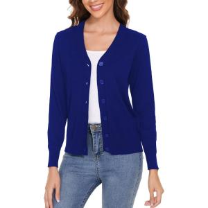 Women’s V Neck Button Down Long Sleeve Cardigan Sweater(V-medium Blue)