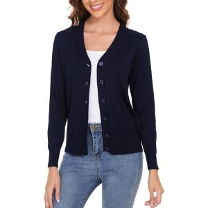 Women’s V Neck Button Down Long Sleeve Cardigan Sweater(V-navy Blue)