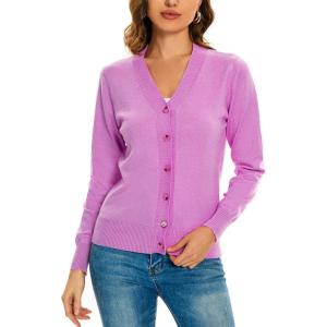 Women’s V Neck Button Down Long Sleeve Cardigan Sweater(V-pink)