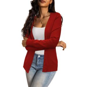 a.Jesdani Women’s Button Down Crew Neck Long Sleeve Soft Knit Cardigan Sweaters(01-l-v Neck-red)