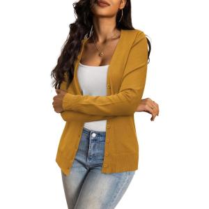 a.Jesdani Women’s Button Down Crew Neck Long Sleeve Soft Knit Cardigan Sweaters(01-o-v Neck-mustard)