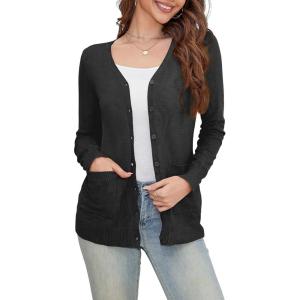a.Jesdani Women’s Button Down Crew Neck Long Sleeve Soft Knit Cardigan Sweaters(Pocket Black)