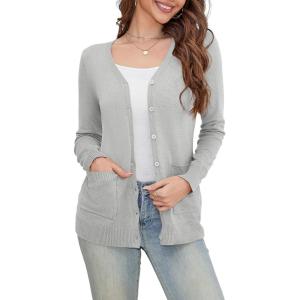 a.Jesdani Women’s Button Down Crew Neck Long Sleeve Soft Knit Cardigan Sweaters(Pocket Light Grey)