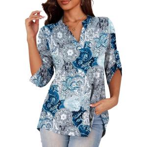 a.Jesdani Women’s Plus Size Zip Front 3/4 Sleeve Shirts V Neck Blouses Tunic Top(0 Blackblue Flower)