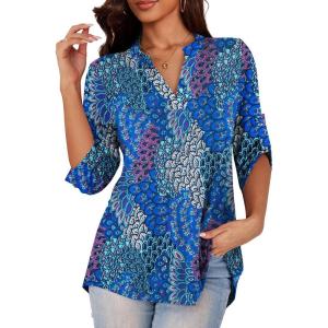 a.Jesdani Women’s Plus Size Zip Front 3/4 Sleeve Shirts V Neck Blouses Tunic Top(1 Peacock Print)