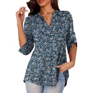 a.Jesdani Women’s Plus Size Zip Front 3/4 Sleeve Shirts V Neck Blouses Tunic Top(Color 353)