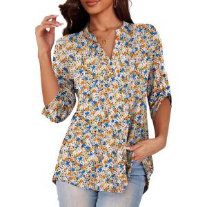 a.Jesdani Women’s Plus Size Zip Front 3/4 Sleeve Shirts V Neck Blouses Tunic Top(Color 387)