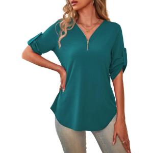 a.Jesdani Women’s Plus Size Zip Front 3/4 Sleeve Shirts V Neck Blouses Tunic Top(Hooker’s Green)