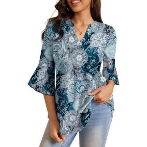 a.Jesdani Women’s Plus Size Zip Front 3/4 Sleeve Shirts V Neck Blouses Tunic Top(Y Blackblue Flower)