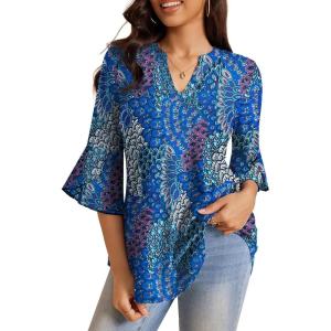 a.Jesdani Women’s Plus Size Zip Front 3/4 Sleeve Shirts V Neck Blouses Tunic Top(Y Peacock Print)