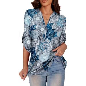 a.Jesdani Women’s Plus Size Zip Front 3/4 Sleeve Shirts V Neck Blouses Tunic Top(Z Blackblue Flower)
