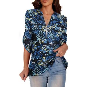 a.Jesdani Women’s Plus Size Zip Front 3/4 Sleeve Shirts V Neck Blouses Tunic Top(Z Color 318)