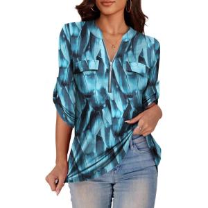 a.Jesdani Women’s Plus Size Zip Front 3/4 Sleeve Shirts V Neck Blouses Tunic Top(Z Color 326)