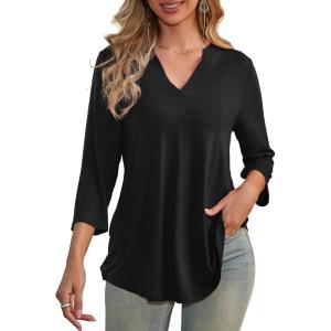 a.Jesdani Women’s Plus Size Zip Front 3/4 Sleeve Shirts V Neck Blouses Tunic Top(Z1 Black)