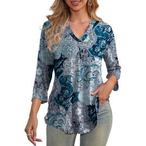 a.Jesdani Women’s Plus Size Zip Front 3/4 Sleeve Shirts V Neck Blouses Tunic Top(Z1 Blackblue Flower)
