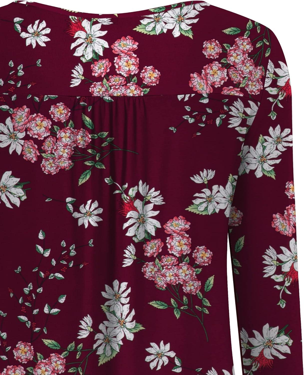 imageaJesdani Plus Size Tunic Tops Long Sleeve Casual Floral Printed Henley V Neck Shirts for WomenBurgundy