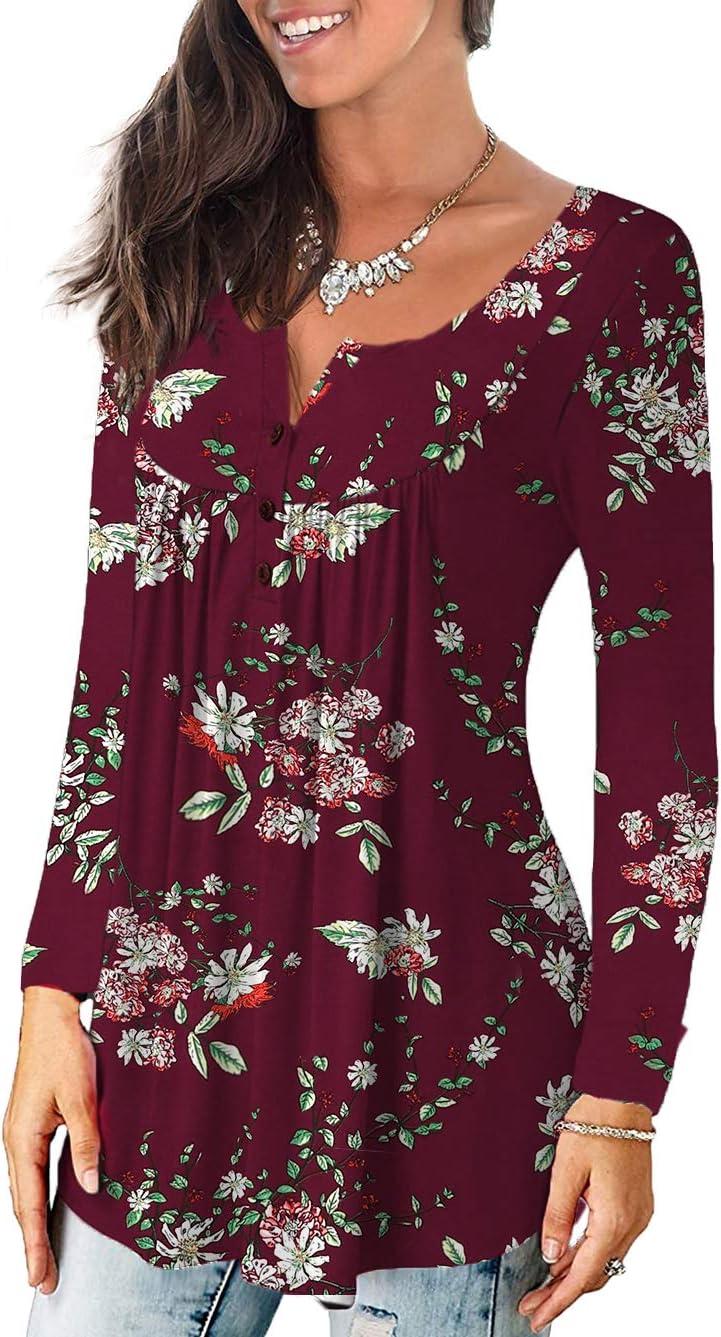 imageaJesdani Plus Size Tunic Tops Long Sleeve Casual Floral Printed Henley V Neck Shirts for WomenBurgundy