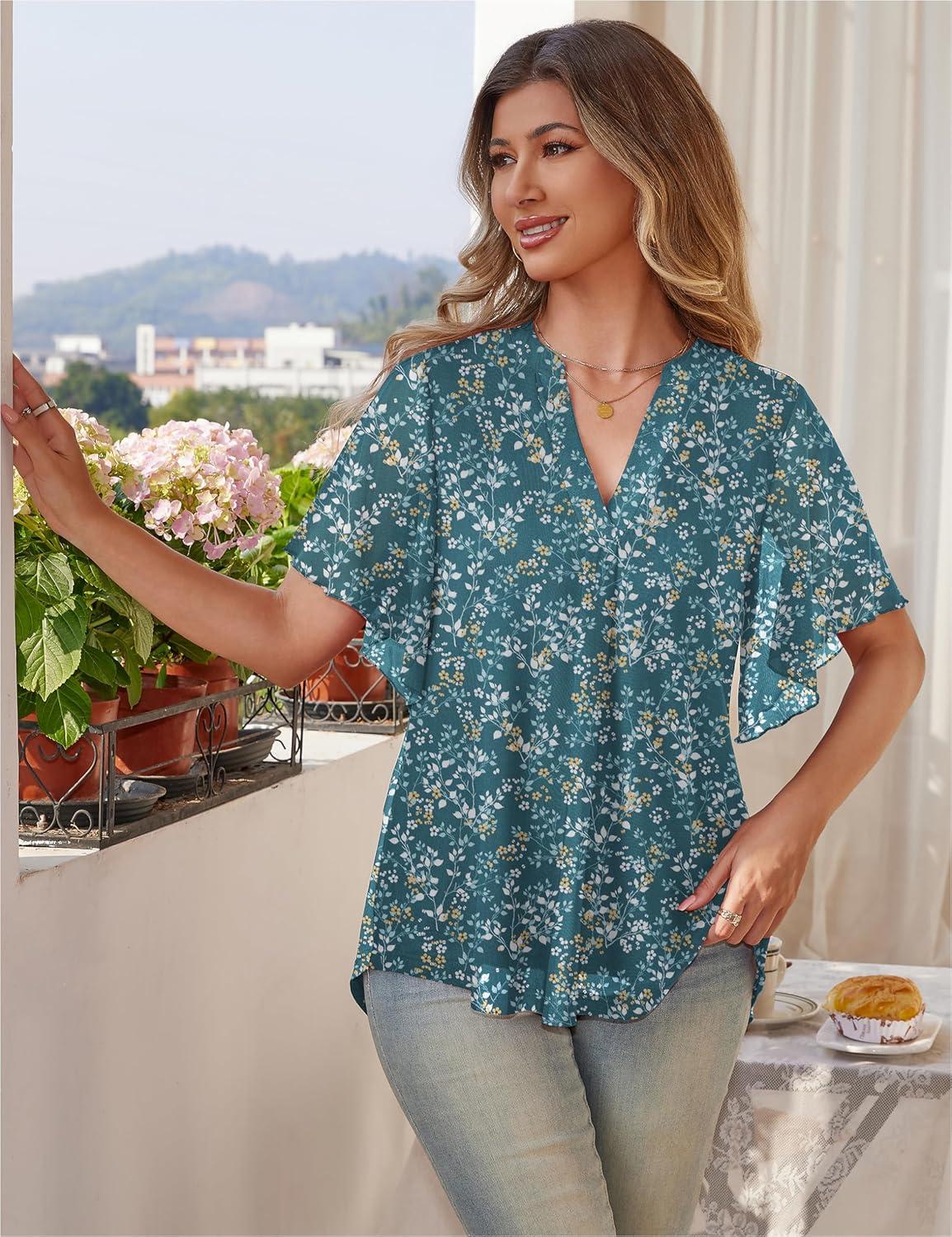 imageaJesdani Womens Summer Plus Size Tunic Tops Short Sleeve Blouses Casual Floral Henley ShirtsColor 361