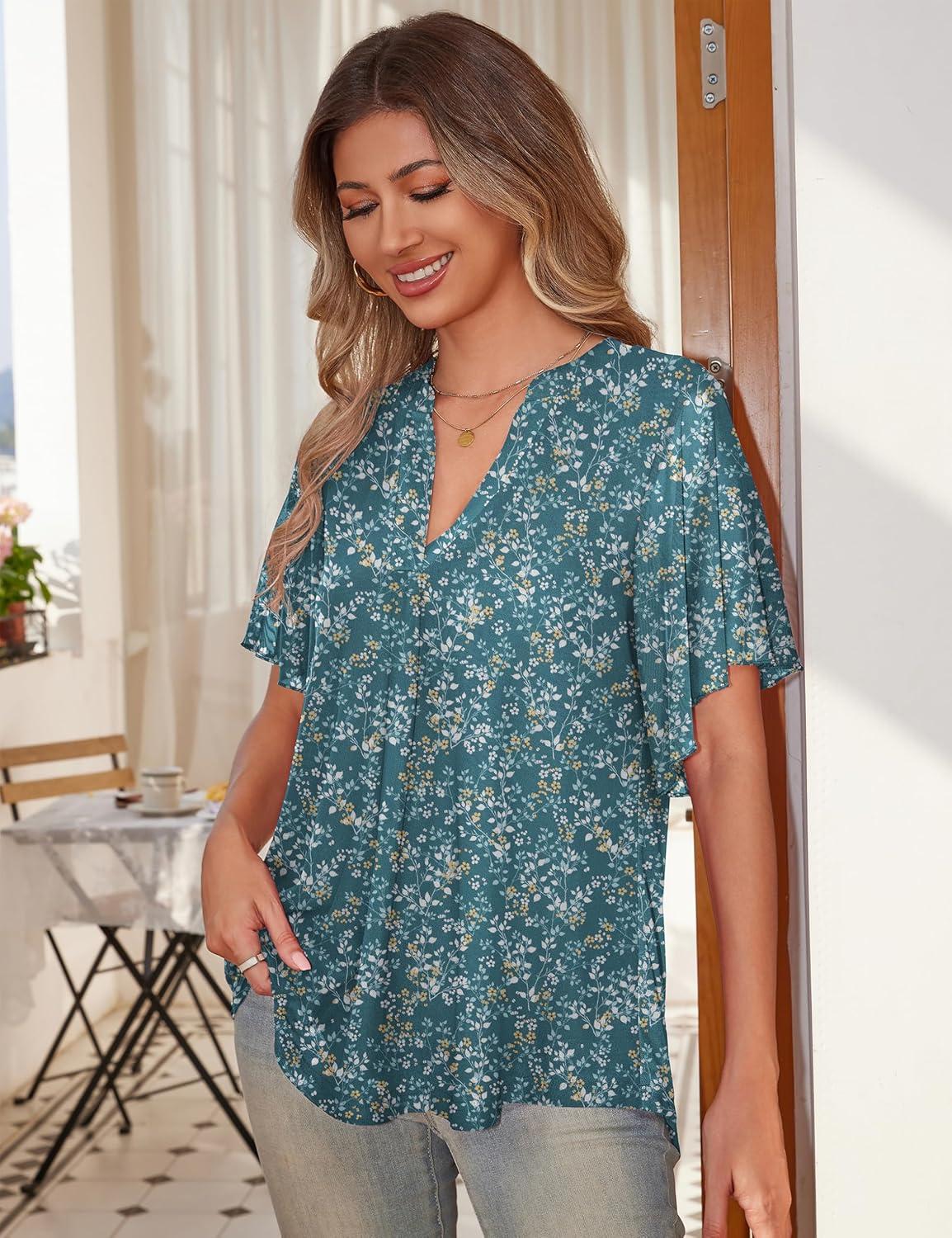 imageaJesdani Womens Summer Plus Size Tunic Tops Short Sleeve Blouses Casual Floral Henley ShirtsColor 361