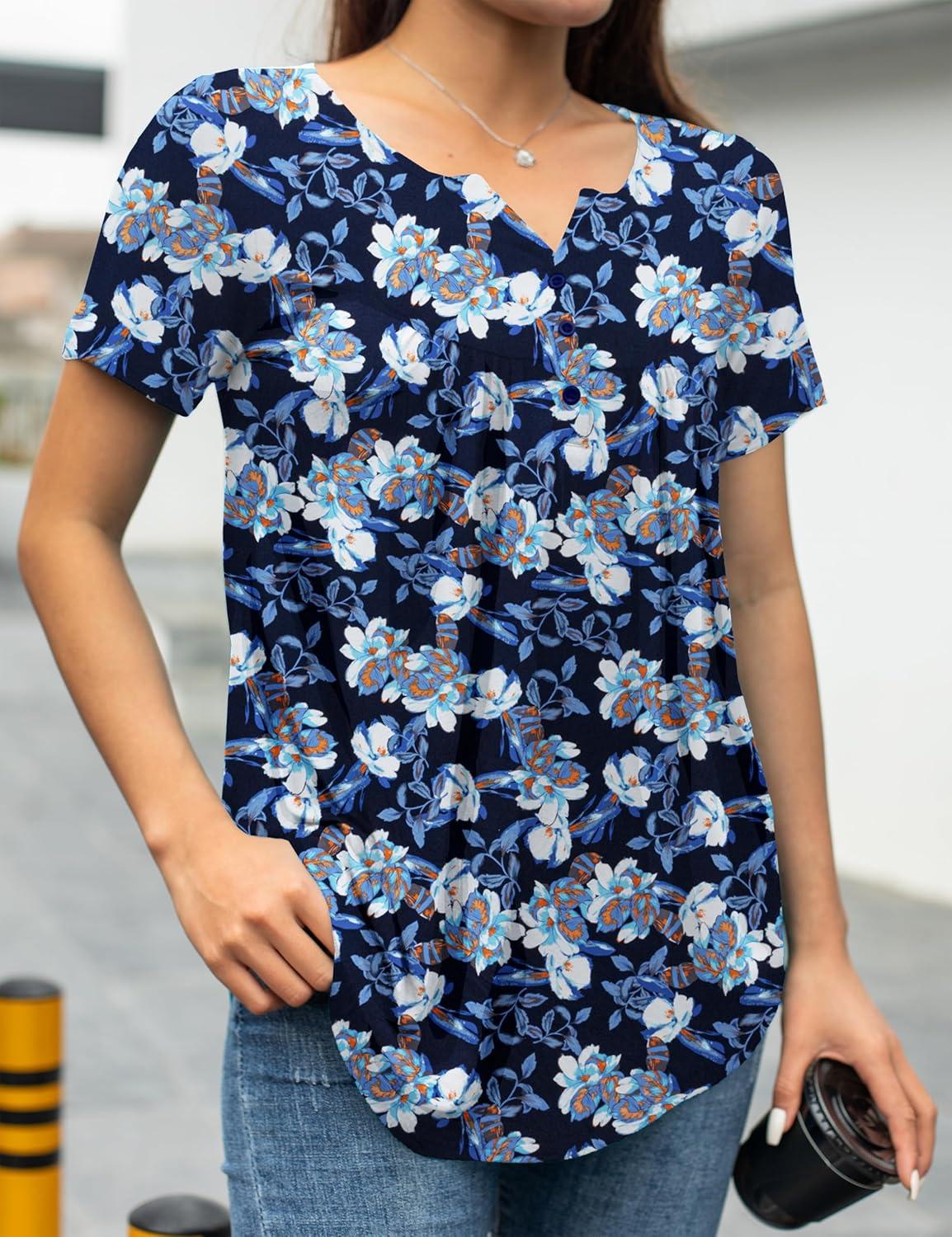 imageaJesdani Womens Summer Plus Size Tunic Tops Short Sleeve Blouses Casual Floral Henley ShirtsColor520