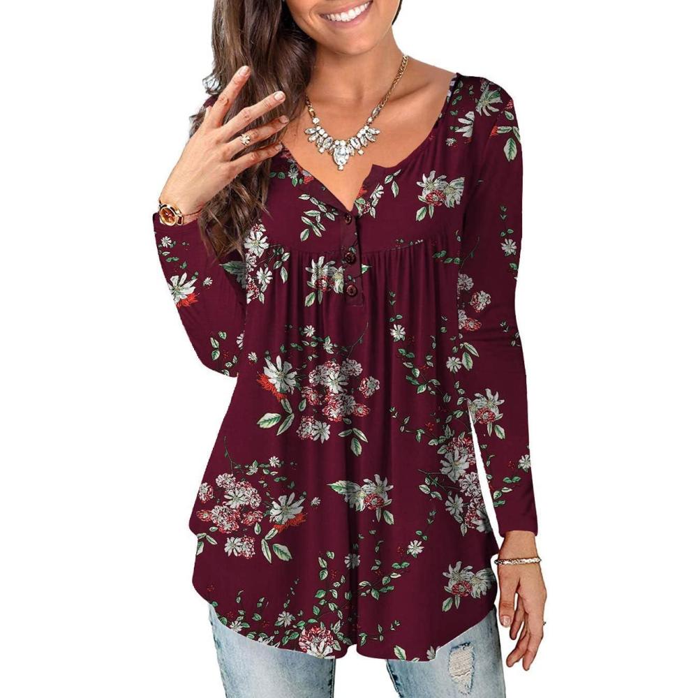 imageaJesdani Plus Size Tunic Tops Long Sleeve Casual Floral Printed Henley V Neck Shirts for WomenBurgundy