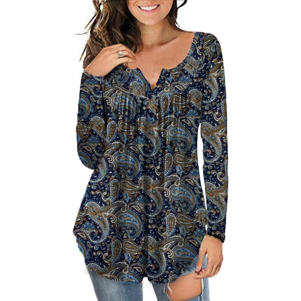 imageaJesdani Plus Size Tunic Tops Long Sleeve Casual Floral Printed Henley V Neck Shirts for WomenNavy
