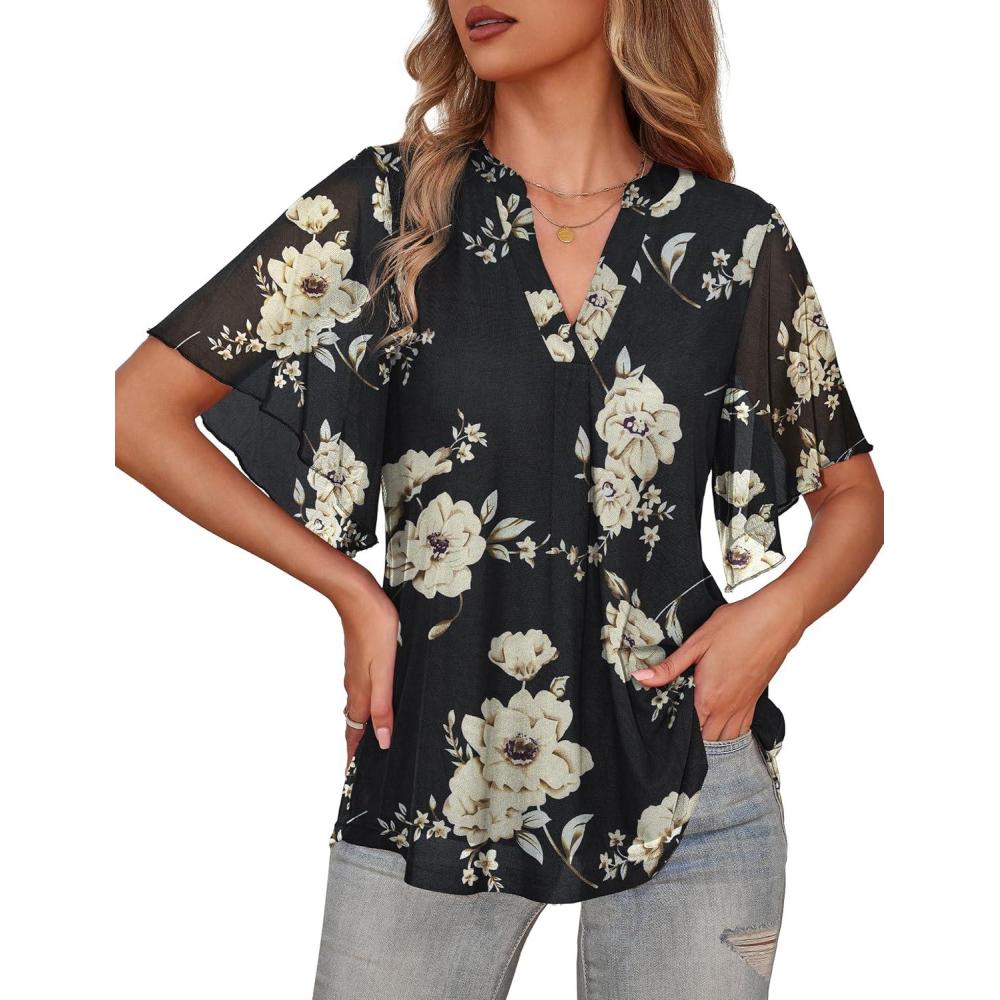 imageaJesdani Womens Summer Plus Size Tunic Tops Short Sleeve Blouses Casual Floral Henley ShirtsColor 363