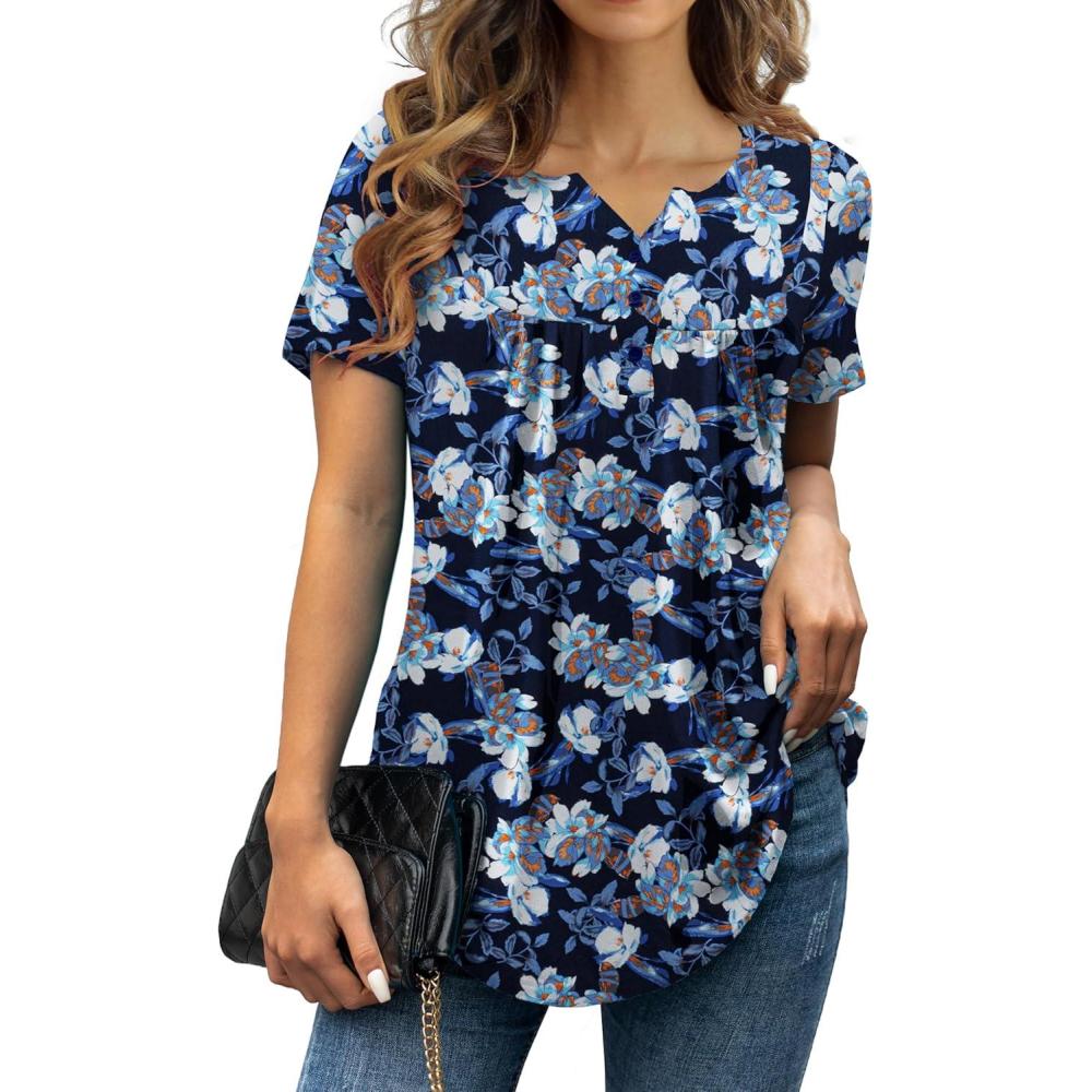 imageaJesdani Womens Summer Plus Size Tunic Tops Short Sleeve Blouses Casual Floral Henley ShirtsColor520