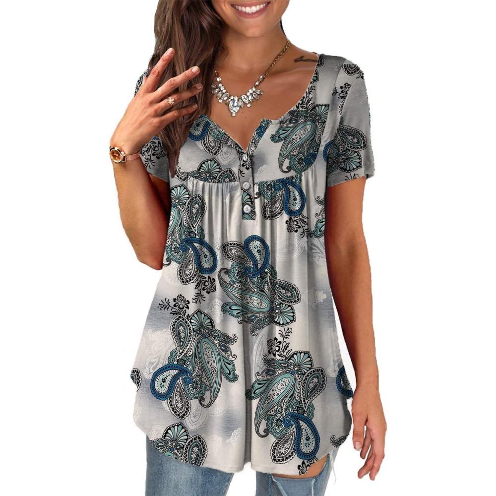 imageaJesdani Womens Summer Plus Size Tunic Tops Short Sleeve Blouses Casual Floral Henley ShirtsShort Sleeve Blue Flower