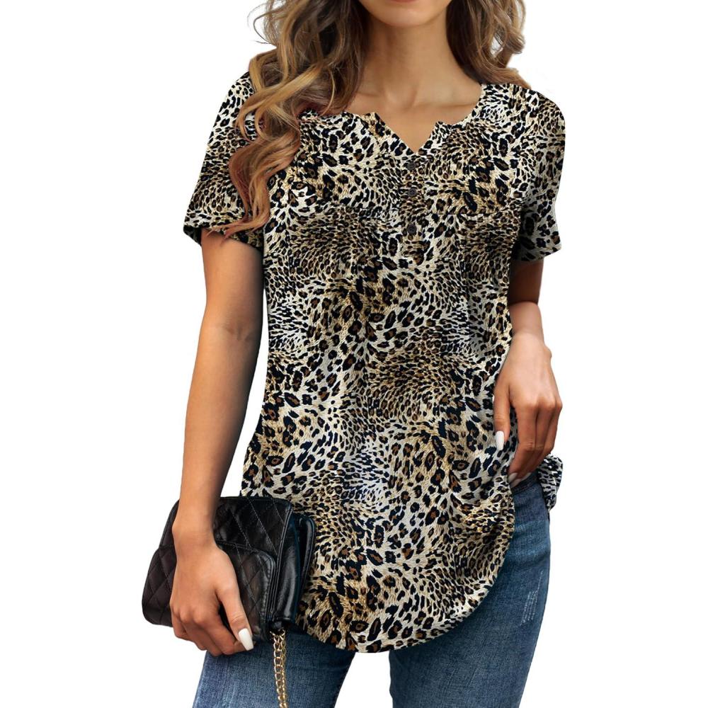 imageaJesdani Womens Summer Plus Size Tunic Tops Short Sleeve Blouses Casual Floral Henley ShirtsShort Sleeve Leonrad Print 2