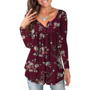 a.Jesdani Plus Size Tunic Tops Long Sleeve Casual Floral Printed Henley V Neck Shirts for Women(Burgundy)