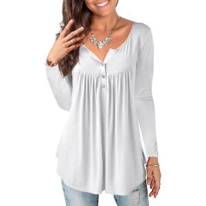 a.Jesdani Plus Size Tunic Tops Long Sleeve Casual Floral Printed Henley V Neck Shirts for Women(White)