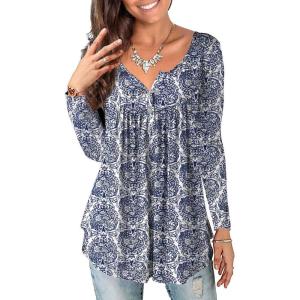a.Jesdani Plus Size Tunic Tops Long Sleeve Casual Floral Printed Henley V Neck Shirts for Women(White-blue)