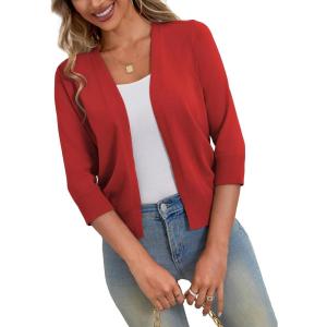 a.Jesdani Shrugs for Women Lightweight 3/4 Sleeve Open Front Red Cropped Cardigan Sweaters(8 Red)