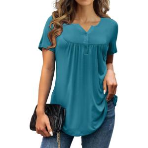 a.Jesdani Womens Summer Plus Size Tunic Tops Short Sleeve Blouses Casual Floral Henley Shirts(Short Sleeve Acid Blue)