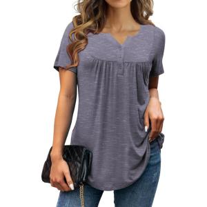 a.Jesdani Womens Summer Plus Size Tunic Tops Short Sleeve Blouses Casual Floral Henley Shirts(Short Sleeve Carbon Purple Grey)