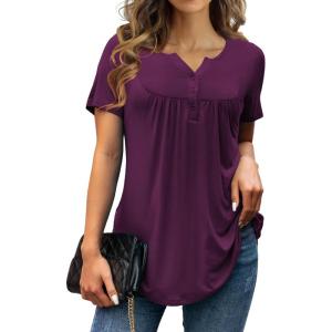 a.Jesdani Womens Summer Plus Size Tunic Tops Short Sleeve Blouses Casual Floral Henley Shirts(Short Sleeve Mulberry)