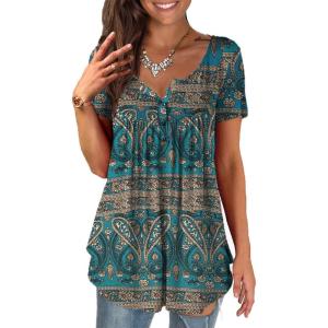 a.Jesdani Womens Summer Plus Size Tunic Tops Short Sleeve Blouses Casual Floral Henley Shirts(Short Sleeve Multi Green)