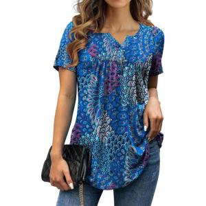 a.Jesdani Womens Summer Plus Size Tunic Tops Short Sleeve Blouses Casual Floral Henley Shirts(Short Sleeve Peacock Print)