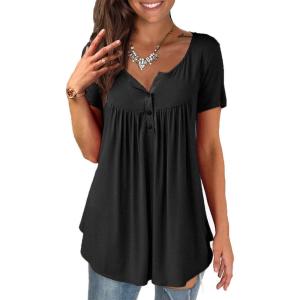 a.Jesdani Womens Summer Plus Size Tunic Tops Short Sleeve Blouses Casual Floral Henley Shirts(Short Sleeve Solid Black)
