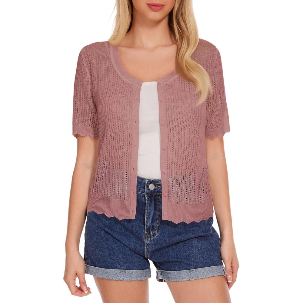 imageWomens Short Sleeve Summer Hollow Out Crew Neck Button Down Cardigan SweaterRosy Brown