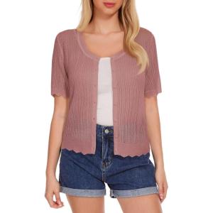 Women’s Short Sleeve Summer Hollow Out Crew Neck Button Down Cardigan Sweater(Rosy Brown)