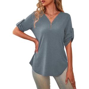 a.Jesdani Women’s Plus Size Zip Front 3/4 Sleeve Shirts V Neck Blouses Tunic Top(Morandi Grey)